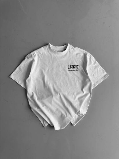 Baskılı Oversize Bisiklet Yaka T-shirt - Beyaz resmi